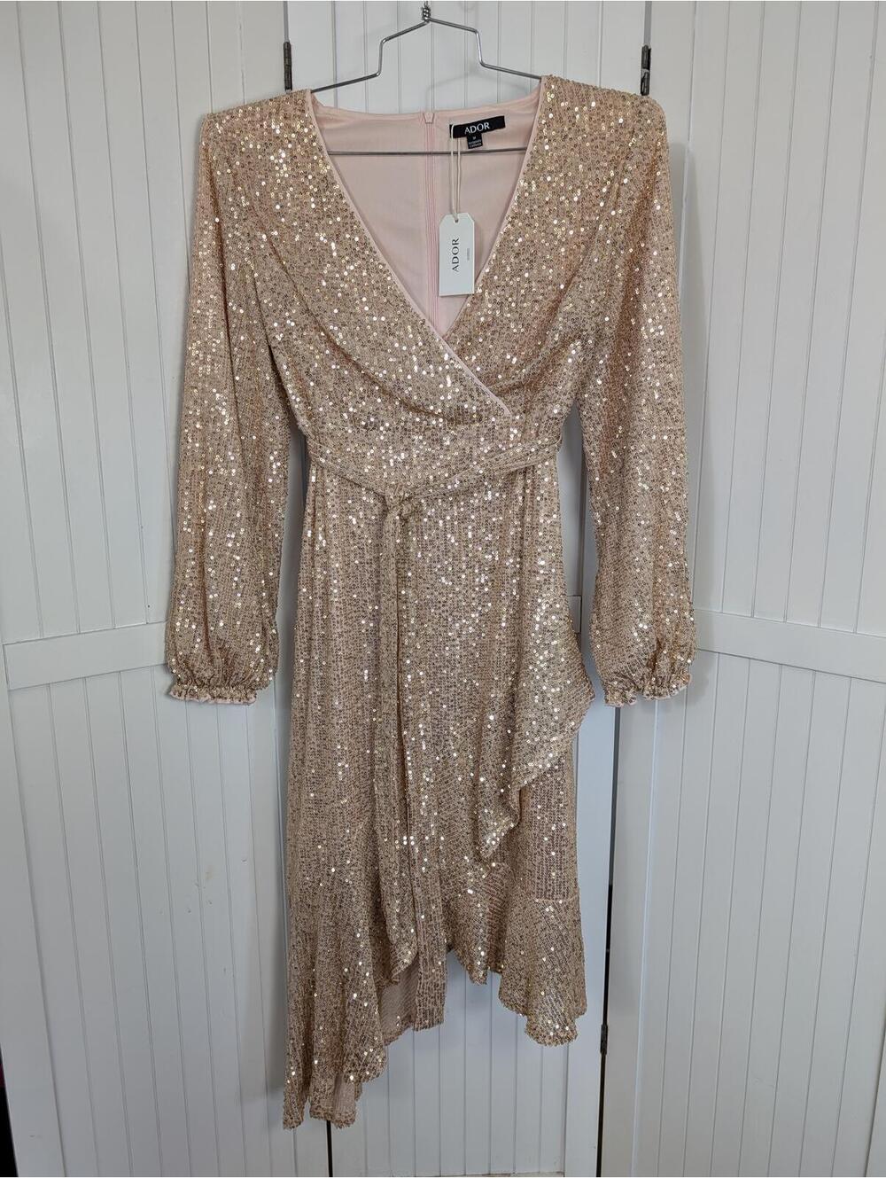 ADOR Sequin Wrap Dress Champagne Gold Long Sleeve Midi M NWT